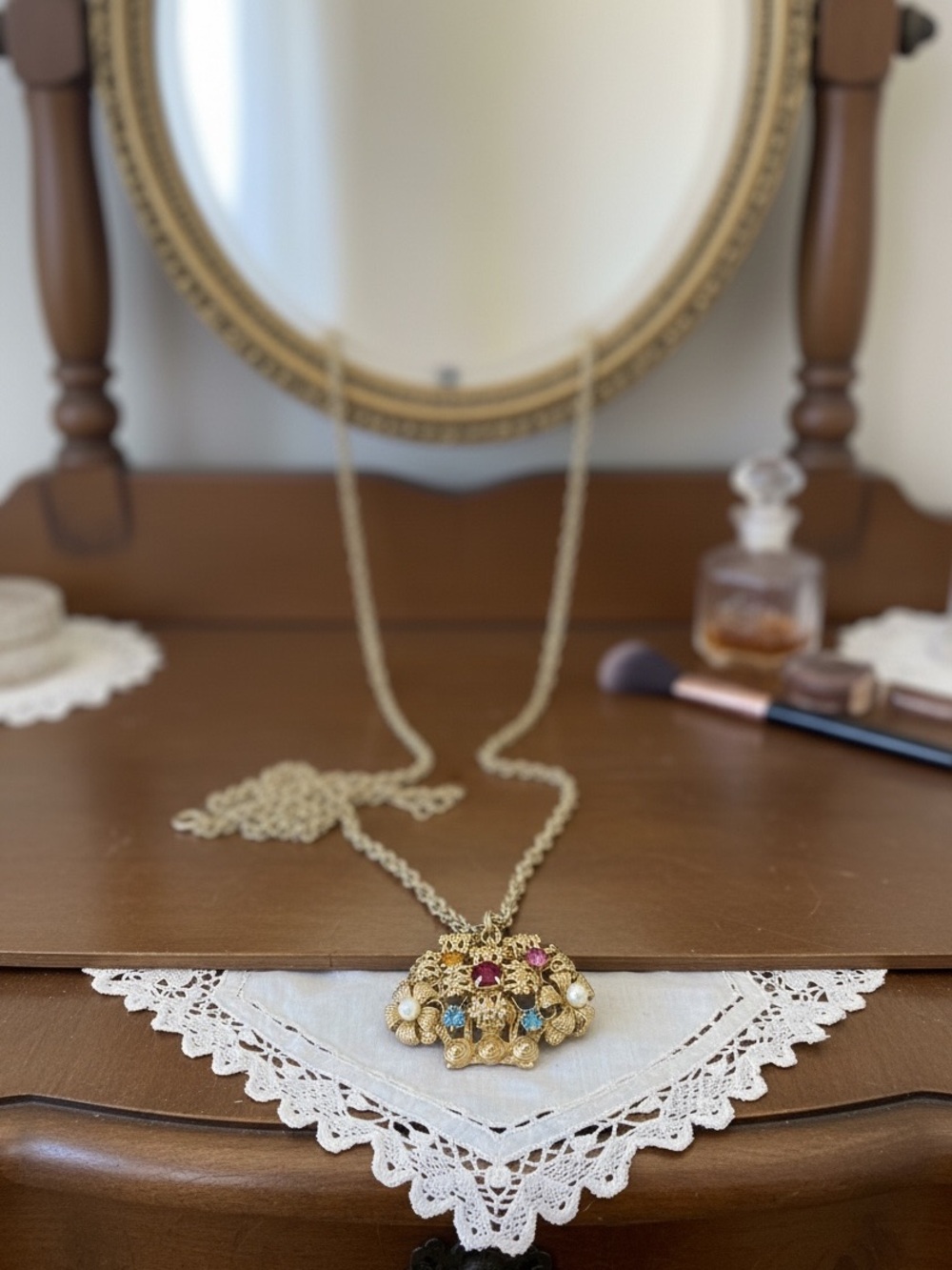 Vintage Czech Rhinestone Floral Basket Pendant with 30” Chain - Picture 9 of 11